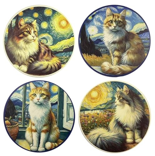 Set de 4 Dessous de Plat Ronds en Céramique, Motif Chat Artistique Style impressionnisme, 20 cm, Multicolore