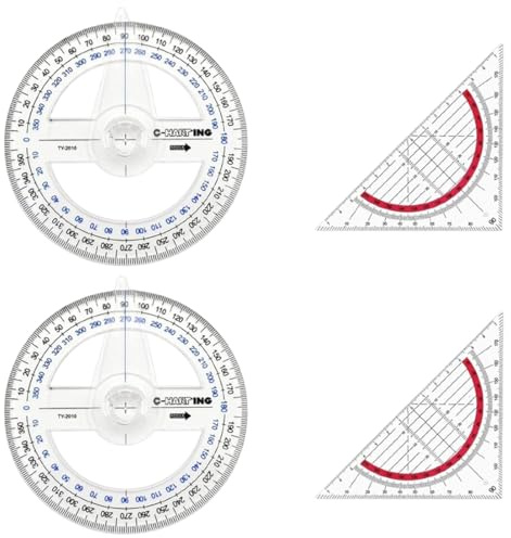 Set di 4 goniometri in plastica, goniometro con braccio rotante a 360 gradi e righello geometrico triangolare, goniometro rotondo in plastica trasparente e righello triangolare.