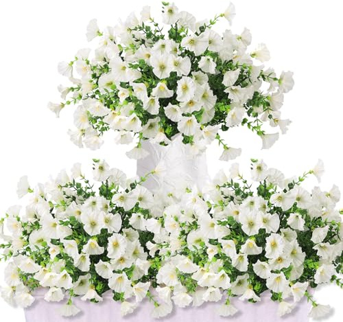 XIMISHOP 8 Bündel Künstliche Blumen,Kunstblumen Pflanzgefäß UV-beständig Balkonpflanzen Plastik Blumen Dekoration Für Innen Outdoor Balkon Garten(Weiß)