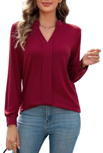 FaerieFlair Ladies Tops Long Sleeve Casual Loose Tunic Blouses Plain V Neck Shirts Fall Teacher Wedding Guest Outfits Maternity Clothes Size 10-12 Wine Red