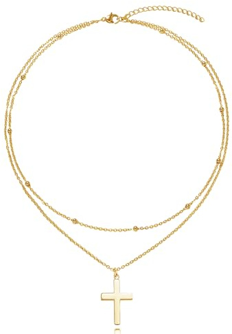 Cangall Kette für Damen, Halskette Damen aus langlebigem Edelstahl, 36-46cm Verstellbar Kette mit Kügelchen & Coin Anhängern, Doppelreihige Halskette mit & Kreuz Anhänger, Goldkette Silberkette