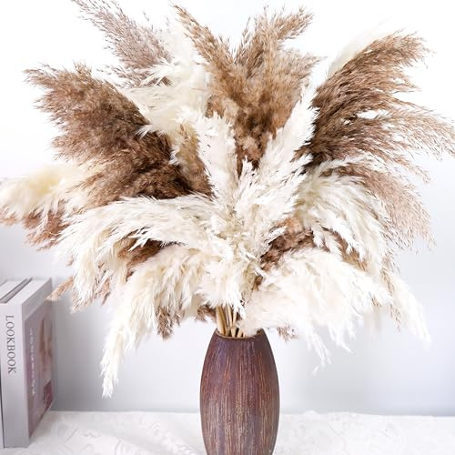 40 PCS Tall Pampas Grass for Floor Vase – 17 Natural Fluffy Dried Pampas Grass Stems, Large 20 White & 20 Brown Pоmpas Grass, Boho Pampas for Wedding, Home Decor, Halloween, Christmas