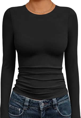 Cuptacc Långärmad damtröja elegant rund hals tajt tröja dam stickad ribbade varma hålla toppar basic enfärgad långärmad topp