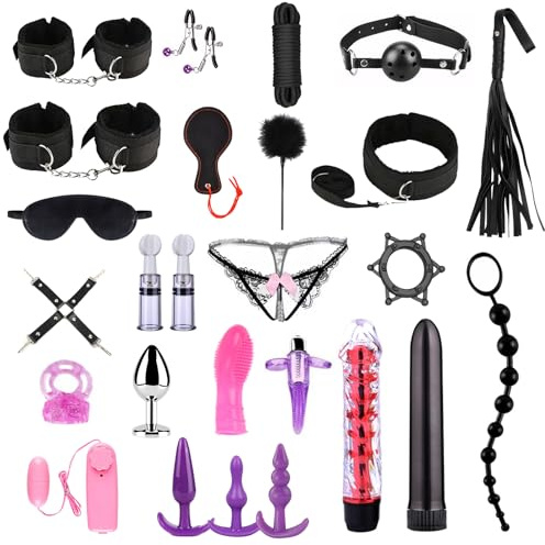 Kit de Bondage BDSM 26 Piezas Qoosea para Parejas, Esposas Ajustables para Tobillos y Muñecas Collar con Set de Plug Anal, Bola de Bozal y Juguetes Vibratorios para Juego Sensual Adulto