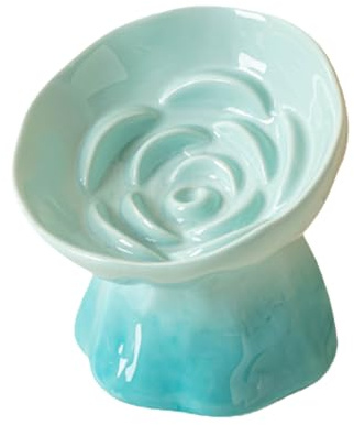 LE SERVETA Elevated Ceramic Cat Bowl, Tilted Slow Feeder Pet Dish with Gradient Color Coating, 3.3 Ounces Capacity, Anti-Gulping Design with Rose Bouquet Design (Gradient Green)