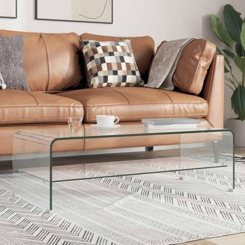 Mandloder Couchtisch Transparent 98x45x31 cm, Hartglas Wohnzimmer Kaffeetisch mit Ablageboden, Moderner Glastisch für Bücher Zeitschriften, Rechteckiger Beistelltisch