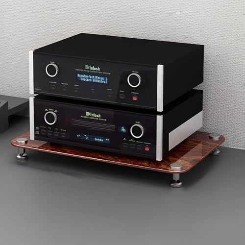 Mobile Stereo Rack HiFi, Mobile Porta Giradischi in Vetro con Ripiani, Mobile Angolare per Impianto Stereo, Centro di Intrattenimento con Ripiani(Brown,First floor)