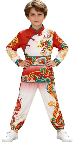 Agoky Jungen Tang Anzug Mädchen Chinesische Traditionelle Kostüm Kampfkunst Kung Fu Uniform Langarm Tops mit Hosen Gürtel Drache Trainingsanzug Rot Weiß 116-128