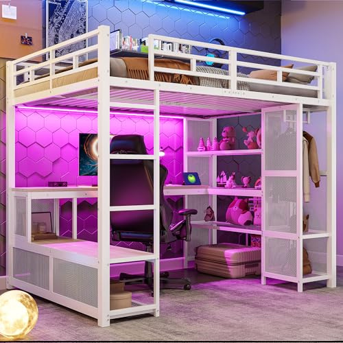 Lubvtti Cama alta de metal 140 x 200 cm, con escritorio, puerto USB y luz LED, cama de matrimonio con estructura de hierro, con espacio de almacenamiento y armario abierto, blanco (colchón no incluido