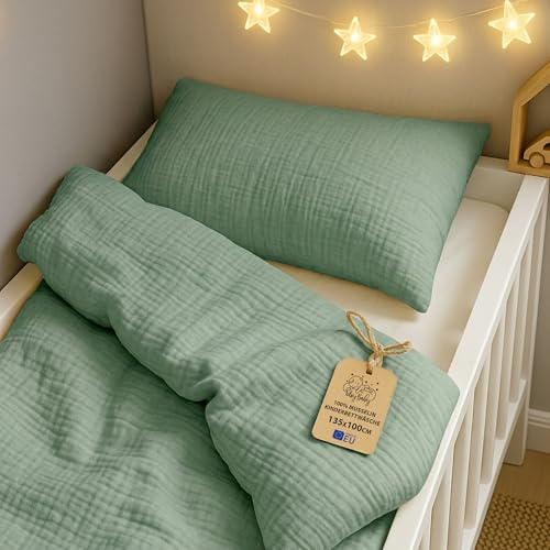 Totsy Baby Mousseline Housse de Couette Enfant 100x135cm - Coton Linge de lit pour Enfants Parure avec Housses de Couette Sauge et taie d’Oreiller 40 x 60 cm pour bébé Lits Certificat Oeko-Tex