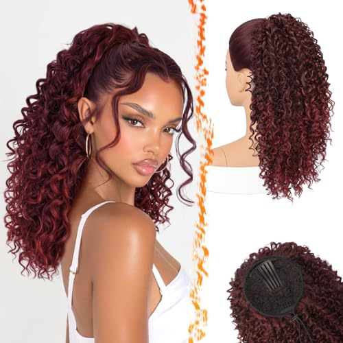 BARSDAR Pferdeschwanz Haarteil Burgunder, Lockige Rot Pferdeschwanz 45cm Pure Protein Fiber Bohemian Gewellt Lockige Kamm Clip in Ponytail Extension mit Kordelzug Natürlich Aussehend Leicht Party