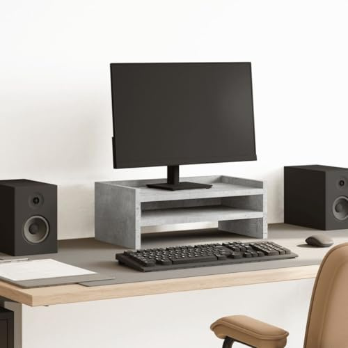 Zentexion monitorställ betonggrått av trämaterial 42 x 24 x 16 cm med 2 hyllor utrymmesbesparande stabil för datorbord skrivbord hemmakontor ergonomiskt och mobil för spelbord kontor