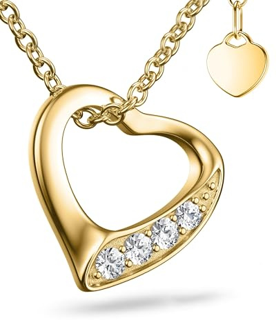 Herz-Kette Gold von AMOONIC mit Zirkonia Silber 925 hochwertig vergoldet | Gratis Für immer Dein Etui Geschenk Herz-Anhänger Herzchen Halskette Frau Frauen Freundin Sie