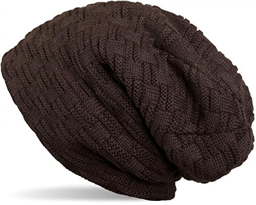 styleBREAKER Finstickad lång beanie mössa med flätat mönster och varmt fleecefoder | Vinterstickad mössa, unisex, elastisk, mjuk, bekväm, varm, Mörkbrun, one size