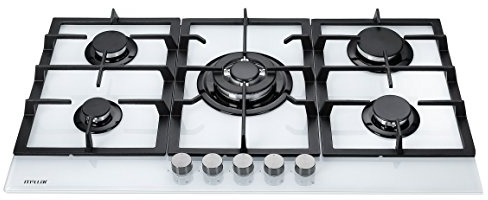 Millar GH9051TW Built-in Gas Hob Cooktop with 5 Burners, White Tempered Glass, 90 cm, Cast Iron Pan Supports, LPG Conversion Kit Included