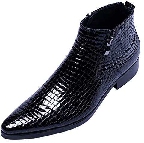 Santimon Men's Ankle Patent Leather Fashion Plaid Zipper Pointed Toe Casual Boots Black 10 US