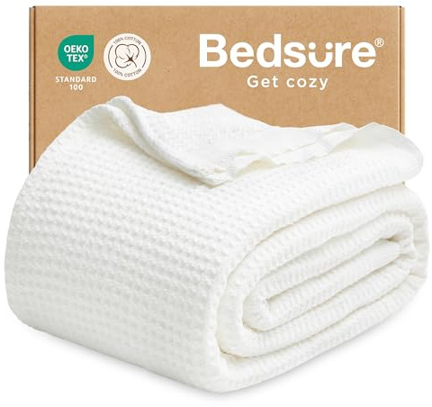 Bedsure Gentlesoft 100% Cotton Blanket Twin XL Size for College Dorm - Cooling Breathable and Soft for Summer, Waffle Weave Twin Blanket for Bed, Dorm Room Essentials, White, 66x90 inches