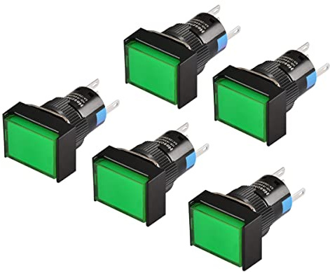 Heschen - Interruptor momentáneo rectangular de 16 mm con botón pulsador 1NO 1NC 5 pines 12 V lámpara LED 5 unidades, verde, 5
