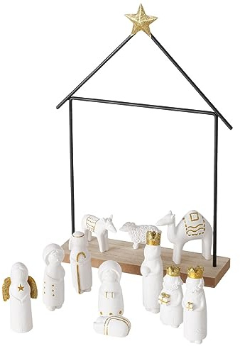 RiloStore 32x22cm Tischkrippe mit Figuren 12 TLG. Krippe Natur b144 braun Weiss Gold Farben Deko Figuren Christus Jesus Weihnachtskrippe Kunstharz Weihnachten Geschenk Tischdeko Krippenfiguren