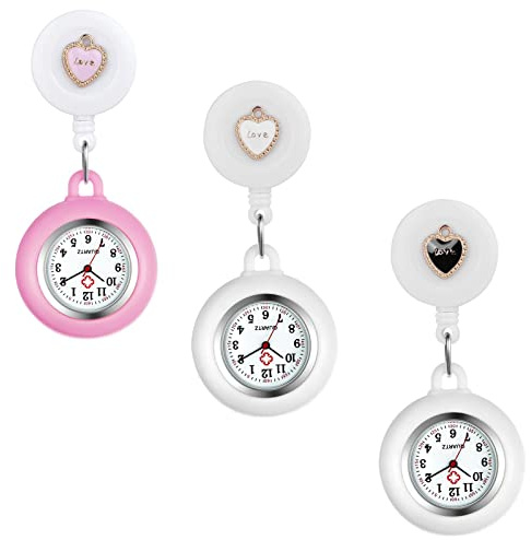 Avaner Krankenschwesteruhr Herz Design Silikon: Pflegeruhr FOB Analog Quarzwerk Pulsuhr Ansteckuhr Unisex Silber Schwesternuhren mit Pin Clip Ausziehbar Arzt Doktor Medical Taschenuhr
