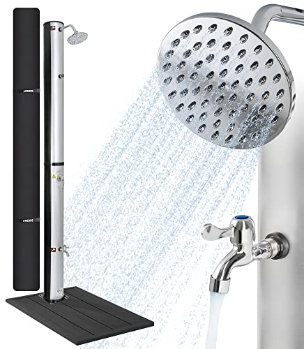 Arebos Solardusche 40L & Bodenelement Anthrazit | inkl. Abdeckhaube | mit integriertem Thermometer & Fußdusche | Pooldusche für den Garten | Wassertemperatur bis 60°C | Silber-Schwarz