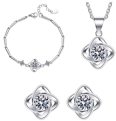 TOEECY Schmuckset Damen Silber, 925 Sterling Silber Klee Halskette Ohrstecker Armband Set mit Cubic Zirkonia Klee Schmuck Sets Geschenk für Mädchen Frauen (#1)