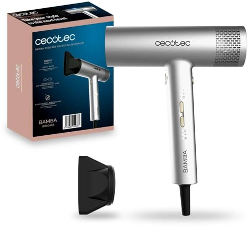 Cecotec Asciugacapelli IoniCare RockStar Aluminum. Motore Digitale 2000 W, 105000 Giri/min, Tecnologia Agli Ioni, 3 Velocità e 4 Temperature, con Ugello di Precisione Incluso