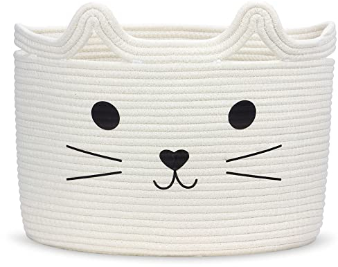 Goodheim Aufbewahrungskorb Kinder aus Baumwolle für Spielzeug und Wäsche， Wäschekorb und Spielzeugkorb in einem， Kinderzimmer Deko Weiße Katze
