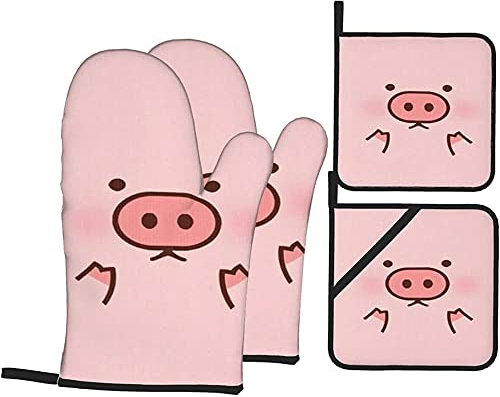 4 Stück Ofenhandschuh Und Topflappen Set Nettes Schwein Grillhandschuh Lustig Topfhandschuhe Hitzebeständige Ofenhandschuh Für BBQ, Zum Grillen, Backen