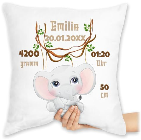 Kissen 40x40 Zierkissen - Zur Geburt - Geburtsgeschenk Elefant Datum Gewicht Uhrzeit Größe - 40 x 40 cm - Weiß - personalisierte babygeschenk neugeboren löwin personalierste geschenke baby