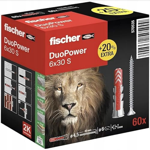 Fischer 120 Tasselli Duopower con Vite, 6 x 30 mm, per Muro pieno, Mattone Forato, Cartongesso, 568871