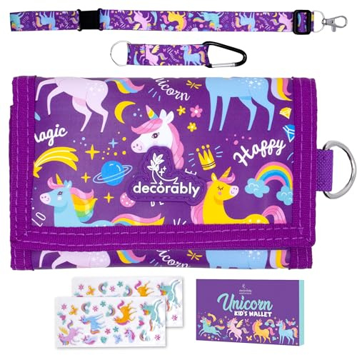 Decorably Trifold Unicorn Wallet for Girls Age 4-6 and Up with Lanyards, Multi-Compartment Girls Wallet with Coin Pocket, Card Slots, Stickers