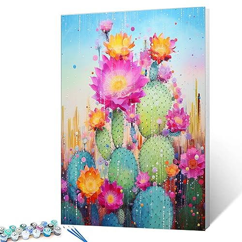 Tucocoo Kaktus-Malen-nach-Zahlen-Set, 40 x 50 cm, Leinwand, DIY, digitales Ölgemälde für Erwachsene, Anfänger, mit Pinseln und Acrylpigmenten – bunte Blumenpflanze für Heimdekoration, Geschenke