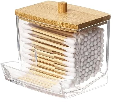 XINCHENG Distributeur de Coton-Tige en Acrylique Avec Couvercle en Bambou - Boîte de Rangement Pour Salle de Bain et Chambre
