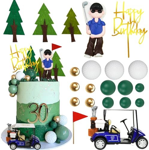 DRWATE Golf Cake Toppers Golf Carts Clay Golf Figurine Cake Decorations with Green Gold Balls Red Flag Trees for Golf Party Sport Theme Party Birthday Party Supplies (01)