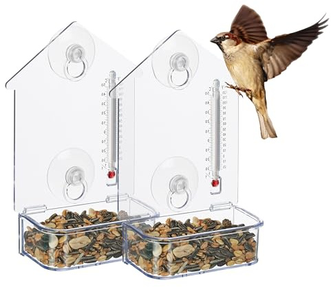 Relaxdays Fenster-Vogelfutterhaus 2er Set, 2 Saugnäpfe, Futterstation mit Thermometer, HBT 17 x 11,5 x 5 cm, transparent | Futterstation mit Thermometer, HBT 17 x 11,5 x 5 cm