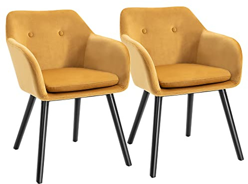 HOMCOM Set di 2 Sedie Sala da Pranzo con Braccioli, Sedie da Cucina Imbottite in Velluto con Gambe in Legno, Sedie da Ufficio e Salotto, 54x56x74cm, Giallo