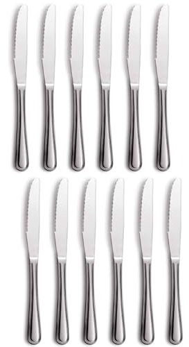 Tradineur - Pack de 12 Cuchillos de Mesa para Carne, Acero Inoxidable, Cubiertos clásicos con Hoja de Sierra, Aptos para lavavajillas - 22,5 cm