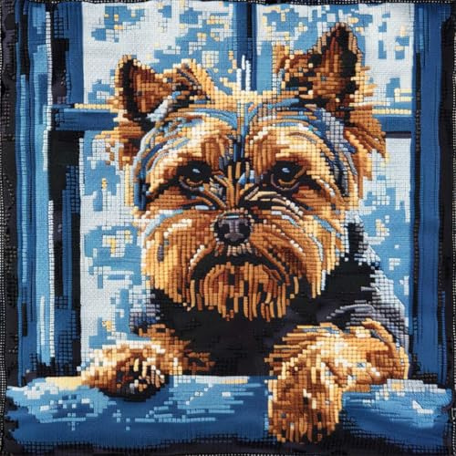 RKFLGEW DIY knüpfen set erwachsene Yorkshire Terrier Tier knüpfkissen Cartoon-Hund DIY Knüpfkissen-Set，Anfänger，Erwachsene，Teenager，Geschenk，Stickerei，Heimdekoration，Knüpfhaken-Set 43x43cm