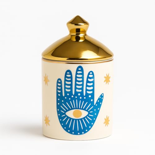 Ceramic Jar with Gold Lid, Hamsa Palm Hand Design – Candle Holder, Jewellery or Spice Storage – Decorative Container for Home, Kitchen, or Bathroom – Unique Gift for Home Decor Organisation