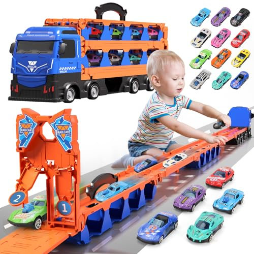 Transport LKW Spielzeugautos Rennbahnen mit 12 Rennautos für 3 4 5 6 Jahre, Tragbares Auto Spielzeug Set, Transporter Truck Fahrzeug Spielzeug Set für Kinder