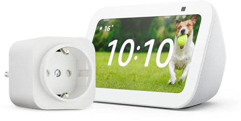 Echo Show 5 (Ultimo modello) | Bianco + Amazon Basics Presa intelligente, compatibile con Alexa - Kit di base per Casa