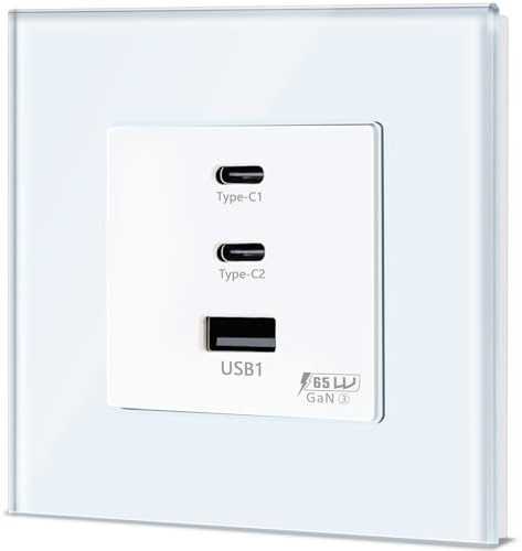 TAWOIA Prise Schuko 65W type C et chargeur USB rapide pour téléphones, tablettes et ordi portables, cadre en verre cristal, prise USB C blanc 86x86mm