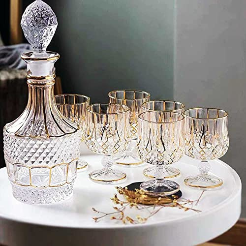 Bourbon Whiskey Decanter,Golden Design Czech Crystal Decanter and 6 Glasses