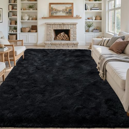 8x10ft Black Fuzzy Plush Living Room Rugs,Large Soft Fluffy Bedroom Area Rugs Non-Slip Shaggy Carpet for Nursery Kids PlayRoom Dorm Office Indoor Modern Carpets
