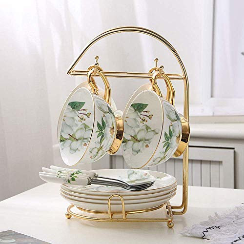 QUSYZD Set da tè in Porcellana Europea da 15 Pezzi, Set da caffè con Supporto in Metallo, Tazza Vintage con Motivo a Rose, zuccheriera in Ceramica, Set di Tazze e teiere per la,C