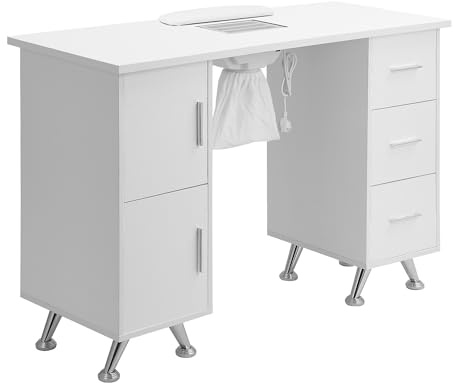 DARDVORLAG Maniküre Tisch Inklusive weißem Staubsauger, Schublade sind einzelne weiße Keramikgriffe mit weißen dünnen Handkissen mit 3 Schubladen auf der rechten Seite (Beige, 45cmX80cmX120cm)