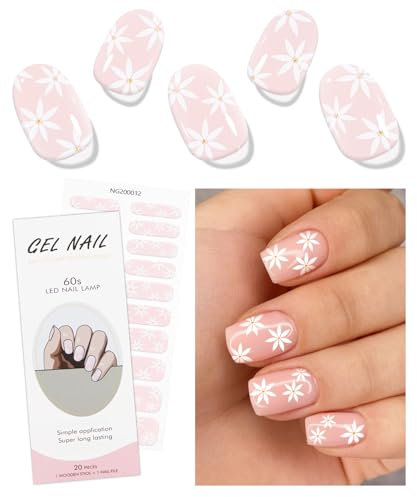 JMEOWIO Autocollants en gel semi-durci UV/LED Motifs fleurs roses et blanches