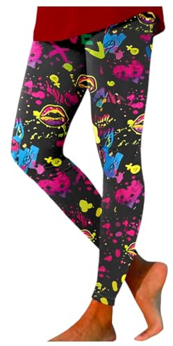 Bunte Leggings Damen große größen, 80er Jahre Outfit Damen Leggings, Neon Bunte Leggings Yoga Sporthose Glitzer Muster Leggins Aerobic Outfit 80er Yogahose Sport Gym Strumpfhosen für Party Karneval
