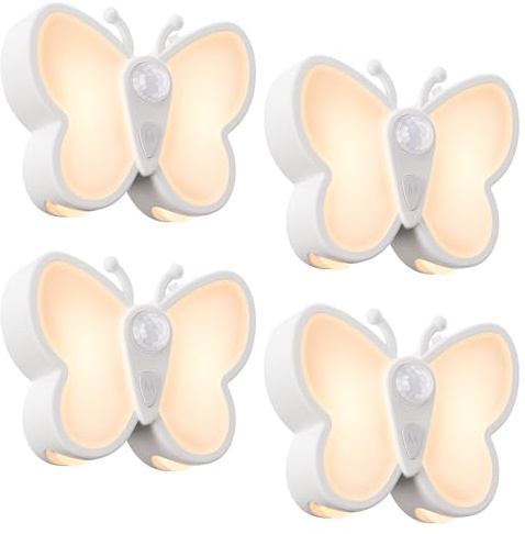 JACKYLED Nachtlicht mit Bewegungsmelder in Schmetterlingsform – Treppenbeleuchtung mit zwei Lichtfarben (3000K/6000K), dimmbar, USB-C wiederaufladbar und magnetischer Befestigung, 4 Stück